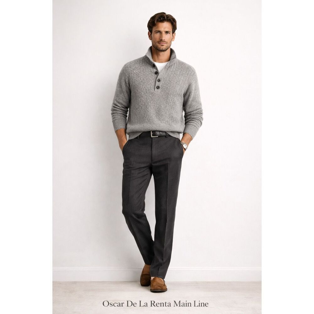 Oscar De La Renta 4 Button Henley Sweater Grey Cotton Blend Mock Neck L